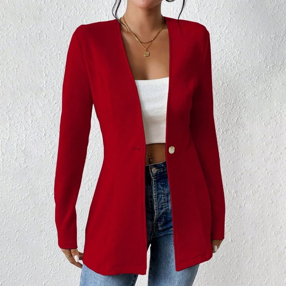Qetyuw Long Blazers for Women Slim Fit Waffle Knit Long Sleeve Work Office Coat Casual Button Blazer Jacket