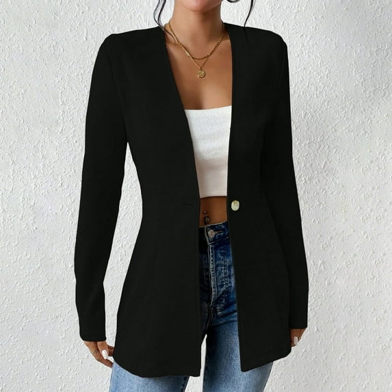 Qetyuw Long Blazers for Women Slim Fit Waffle Knit Long Sleeve Work Office Coat Casual Button Blazer Jacket