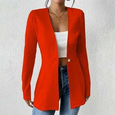 Qetyuw Long Blazers for Women Slim Fit Waffle Knit Long Sleeve Work Office Coat Casual Button Blazer Jacket