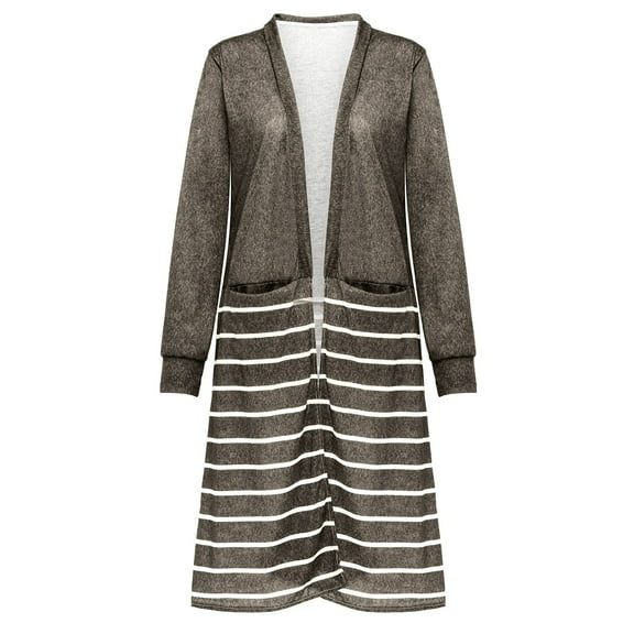 Qetyuw Long Cardigan for Women Striped Long SLeeve Open Front Cardigans Plus Size Lightweight Casual Coat Outwear