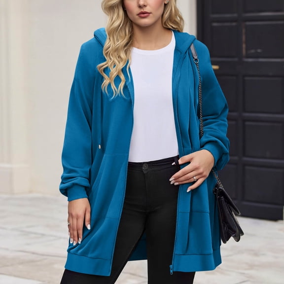 Qetyuw Long Hooded Jackets for Women Plus Size Long Sleeve Open Front Cardigans Coat Solid Color Casual Jacket Outwear
