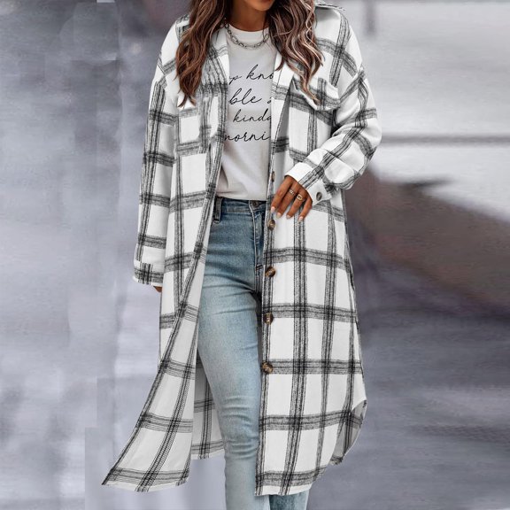Qetyuw Long Plaid Shacket for Women Button Down Long Sleeve Jacket Fall Winter Wool Blend Trench Coats with Pockets
