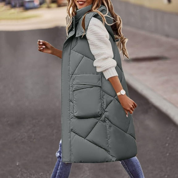 Qetyuw Long Puffer Vest for Women Winter Warm Full Zip Up Hooded Down Coat Oversized Quilted Sleeveless Casual Jacket