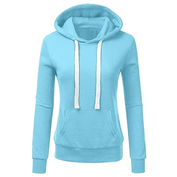 Qetyuw Long Sleeve Hoodie for Women Classic Slim Fit Pullover with Pocket Solid Color Tunic Drawstring Tops Casual Workout Outerwear