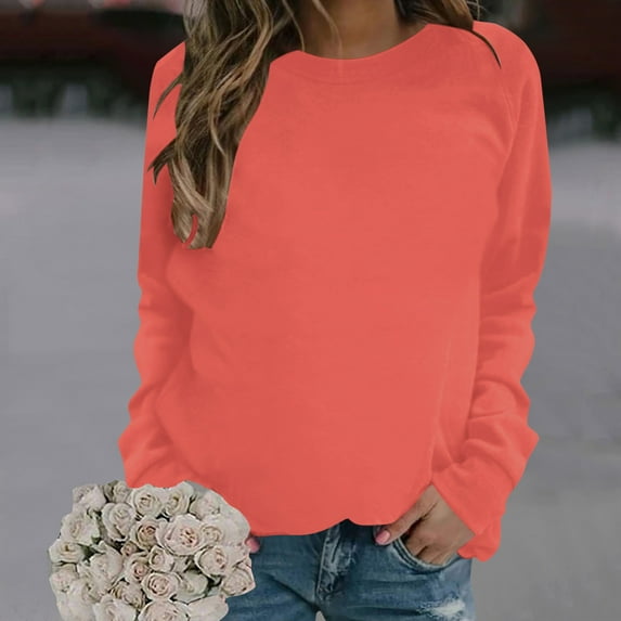 Qetyuw Long Sleeve Pullover for Women Loose Fit Basic Sweatshirts Causal Crew Neck Tops Solid Color Soft Lightweight Clothes