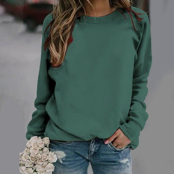 Qetyuw Long Sleeve Sweatshirt for Women Solid Color Basic Pullover Loose Raglan Blouse Casual Lightweight Crewneck Tops