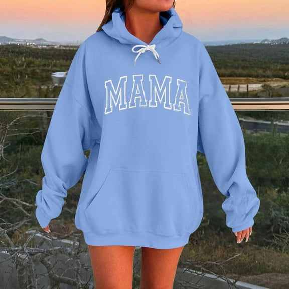Qetyuw Mama Hoodies for Women Oversized Drop Shoulder Long Sleeve Sweatshirts Casual Pullover with Pocket