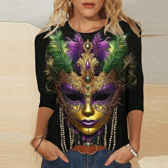 Qetyuw Mardi Gras Shirt for Women 3/4 Sleeve Carnival Party Tshirts Fancy Mask Graphic Tees Casual Holiday Tee Shirts