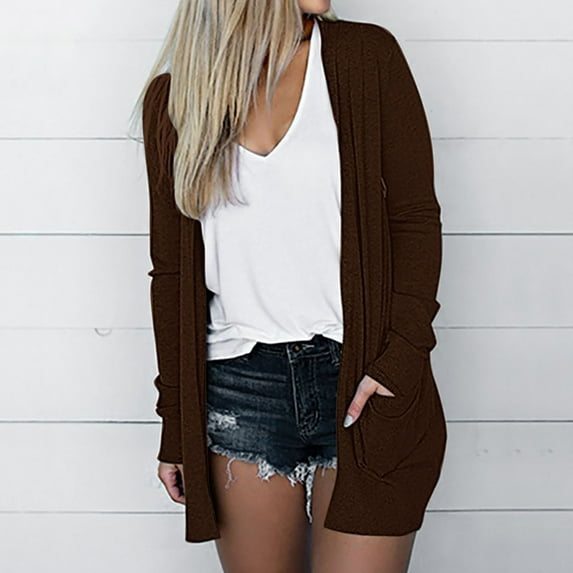 Qetyuw Open Front Cardigan for Women Lightweight Long Sleeve Jacket with Pockets Plus Size Knit Sweater Fall Soft Solid Color Casual Outwear Coat