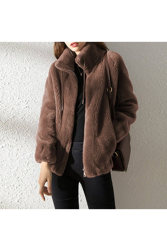 Oversized Fleece Jackets Womens Casual Warm Drawstring Coats Ladies Lapel Long Sleeve Outerwear with Pockets Winter Thick Zip Up Jackets