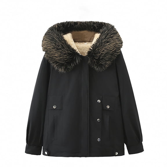 Qetyuw Oversized Fleece Parka Jacket Women Loose Warm Fleece Lined Coat Winter Hooded Zip Up Jackets with Pockets Casual Faux Fur Hooded Outerwear