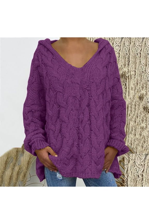 Oversized Hooded Sweater for Women Cable Knit Chunky Long Sleeve Pullover Swaters Solid Color Casual V Neck Jumper