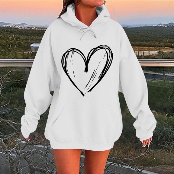 Qetyuw Oversized Hoodies for Women Heart Print Long Sleeve Pullover Tops Winter Casual Hooded Sweatshirt