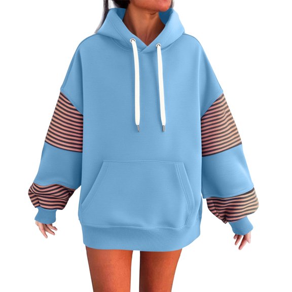 Qetyuw Oversized Hoodies for Women Striped Long Sleeve Pullover Casual Loose Fit Sweatshirts with Pocket