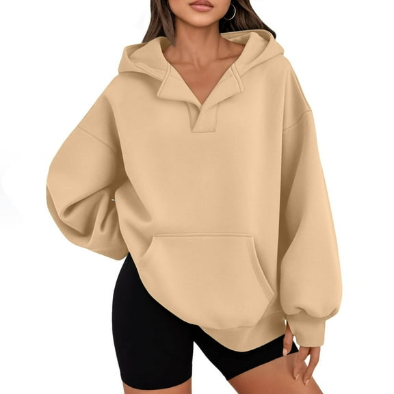 Qetyuw Oversized Hoodies for Women Thumb Hole Drop Shoulder Long Sleeve Pullover V Neck Casual Sweatshirts with Pocket