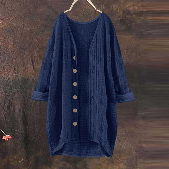 Qetyuw Oversized Long Cardigan for Women Ruffle Button Down 3/4 Sleeve Jackets Fall Casual Open Front Cardigans Coats