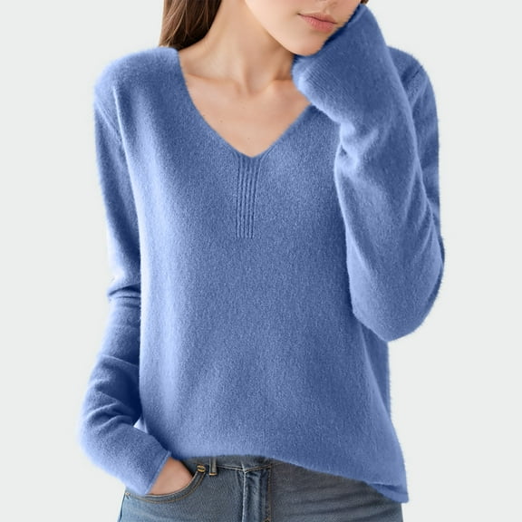 Qetyuw Oversized Sweater for Women Solid Color Chunky V Neck Pullover Sweaters Loose Fit Casual Basic Jumpers