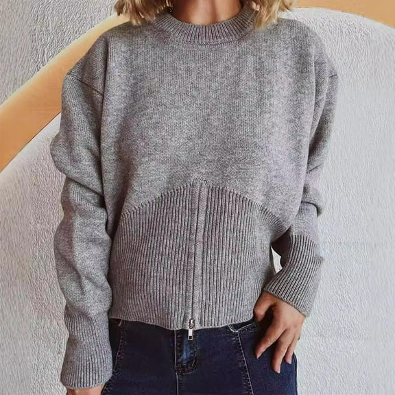 Qetyuw Oversized Sweater for Women Zip Down Hem Long Sleeve Loose Fit Pullover Jumper Chunky Casual Crew Neck Sweaters