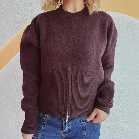 Qetyuw Oversized Sweater for Women Zip Down Hem Long Sleeve Loose Fit Pullover Jumper Chunky Casual Crew Neck Sweaters