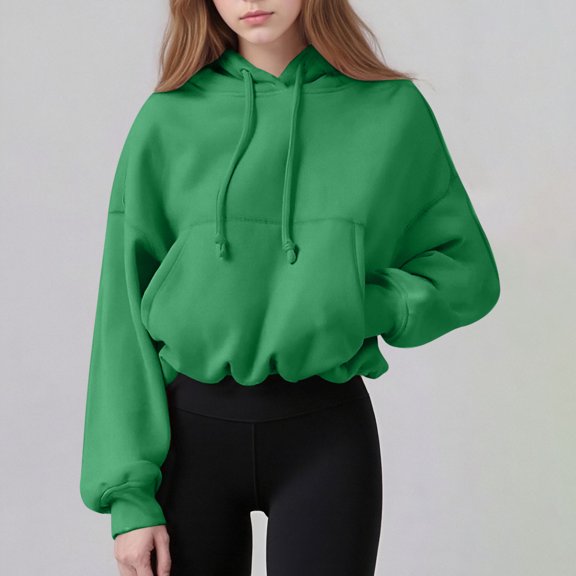 Qetyuw Oversized Sweatshirts for Women Drop Shoulder Long Sleeve Cropped Sweatshirt Solid Color Pullover with Pocket