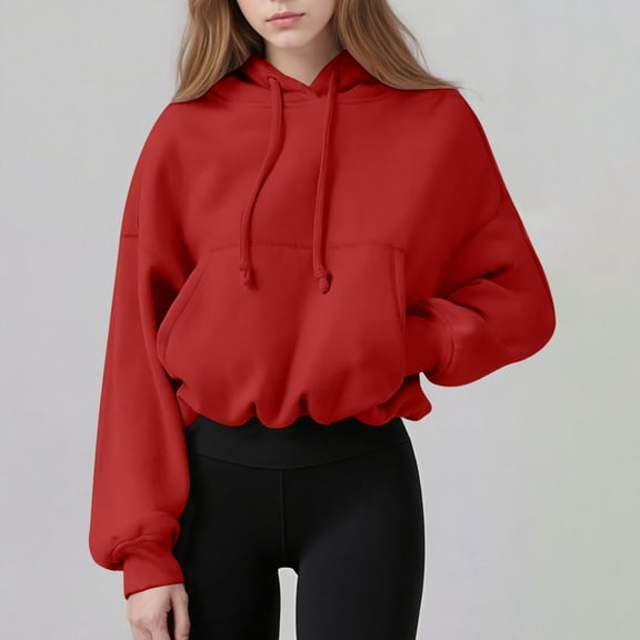 Qetyuw Oversized Sweatshirts for Women Drop Shoulder Long Sleeve Cropped Sweatshirt Solid Color Pullover with Pocket