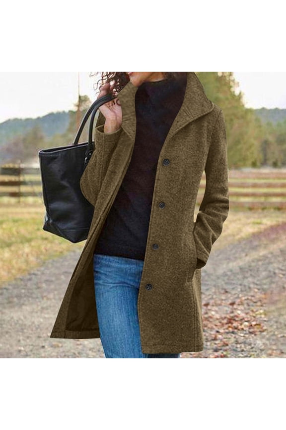 Pea Coats for Women Wool Blend Stand Collar Overcoats Single Breasted Trench Coat Plus Size Fleece Button Down Outerwear Jacket with Pockets