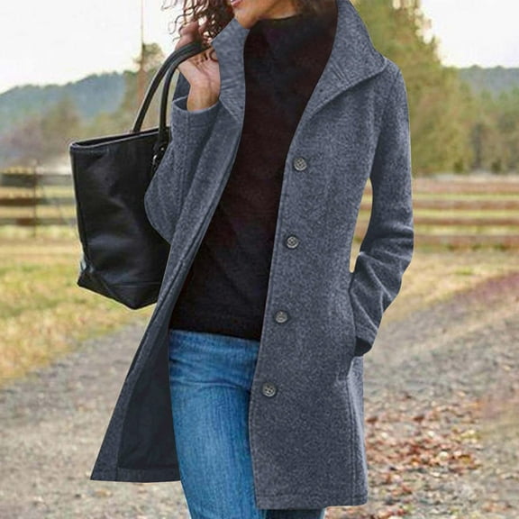 Qetyuw Pea Coats for Women Wool Blend Stand Collar Overcoats Single Breasted Trench Coat Plus Size Fleece Button Down Outerwear Jacket with Pockets