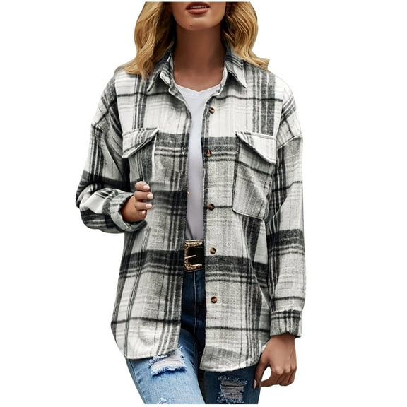 Qetyuw Plaid Wool Blend Jackets for Women Button Down Lapel Open Front Coat Long Sleeve Casual Jacket Outwear