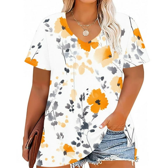 Qetyuw Plus Size Boho Shirts for Women Summer Short Sleeve Tops for Women V Neck Floral Graphic Tees Beach Vacation Tshirts