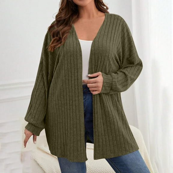 Qetyuw Plus Size Cardigan for Women Ribbed Knit Striped Sweaters Fall Open Front Jacket Lightweight Long Sleeve Outerwear Solid Color Casual Coats XL-5XL