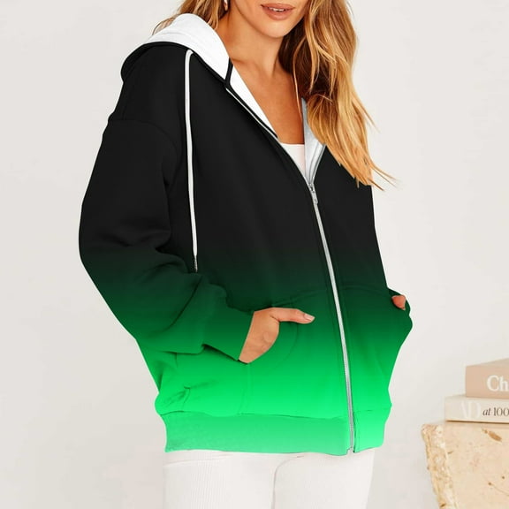 Qetyuw Plus Size Hoodie Jacket for Women Gradient Long Sleeve Open Front Coat Full Zip Up Casual Jackets