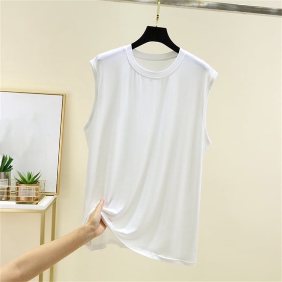 Qetyuw Plus Size Pajama Shirts Women Sleeveless Pajama Tops Loose Basic Solid Pajama Tank Tops Soft Stretchy Sleepwear