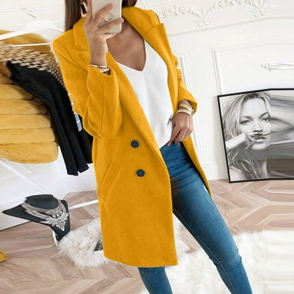 Qetyuw Plus Size Trench Coat for Women Long Sleeve Lapel Open Front Pea Coat Double Breasted Casual Jacket