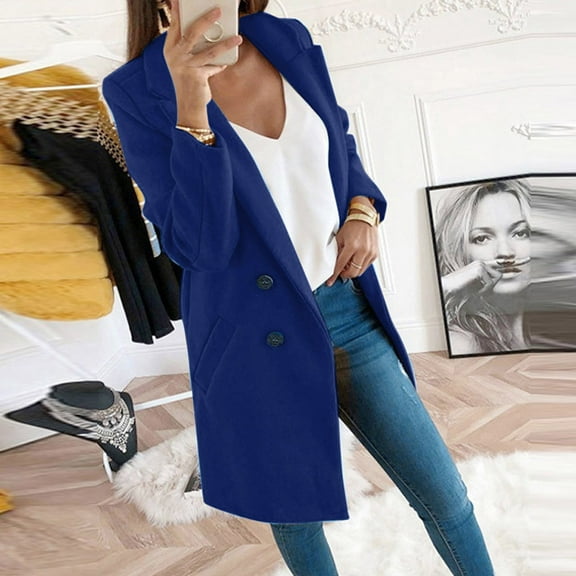 Qetyuw Plus Size Trench Coat for Women Long Sleeve Lapel Open Front Pea Coat Double Breasted Casual Jacket