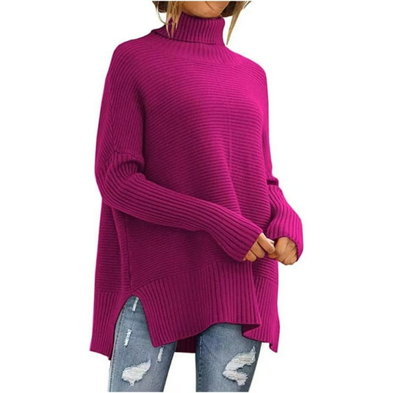 Qetyuw Plus Size Turtleneck Sweaters for Women Solid Color Chunky Long Sleeve Sweater Oversized Casual Split Hem Jumper