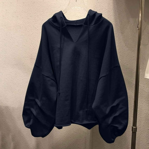 Qetyuw Puff Sleeve Hoodies for Women Oversized Sweatshirt Fashion V Neck Drawstring Pullover Casual Drop Shoulder Long Sleeve Tops