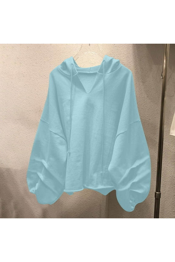 Puff Sleeve Hoodies for Women Oversized Sweatshirt Fashion V Neck Drawstring Pullover Casual Drop Shoulder Long Sleeve Tops