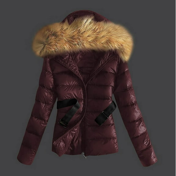 Qetyuw Puffer Jacket for Women Winter Long Sleeve Jackets with Faux Fur Hood Full Zip Up Loose Casual Down Coat