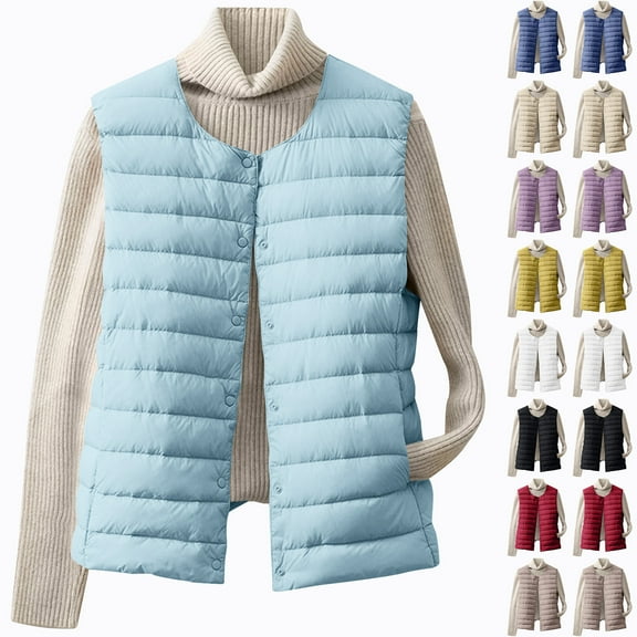 Qetyuw Puffer Vest for Women Sleeveless Lightweight Quilted Down Coat Vests Button Down Casual Jackets with Pocket