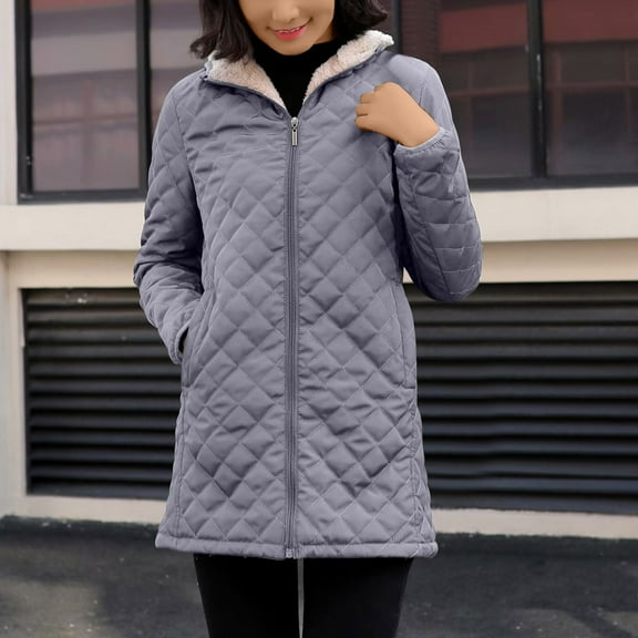 Qetyuw Quilted Long Hooded Jacket for Women Winter Warm Sherpa Lined Open Front Coat Long Sleeve Zipper Casual Jackets