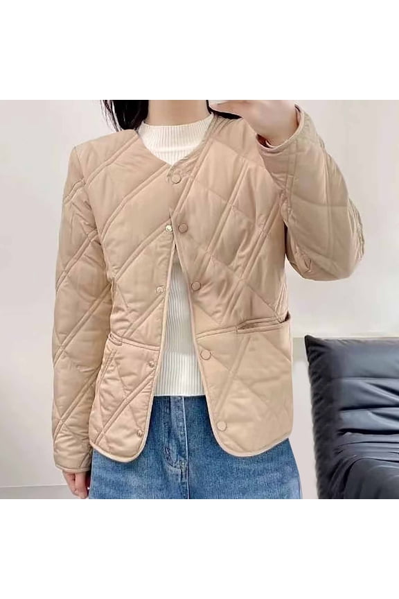 Quilted Puffer Coat for Women Button Down Long Sleeve Open Front Jacket Casual Lightweight Coats