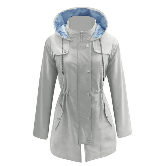 Qetyuw Rain Coat for Women Long Sleeve Striped Lined Windproof Jacket Lightweight Outdoor Travel Hooded Jackets