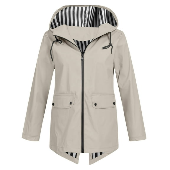 Qetyuw Rain Jacket for Women Mid-Length Trench Coat Windproof Waterproof Hooded Windbreaker Full Zip Up Loose Fit Solid Color Outdoor Travel Outerwear