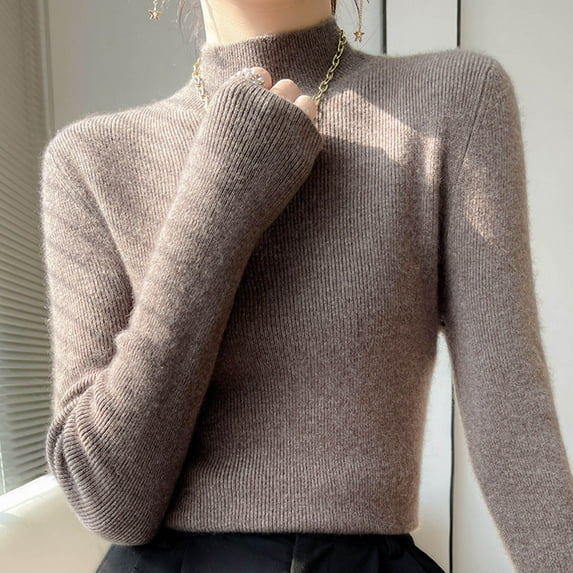 Qetyuw Ribbed Knit Turtleneck Sweater for Women Solid Color Casual Long Sleeve Pullover Sweaters Chunky Slim Fit Jumper