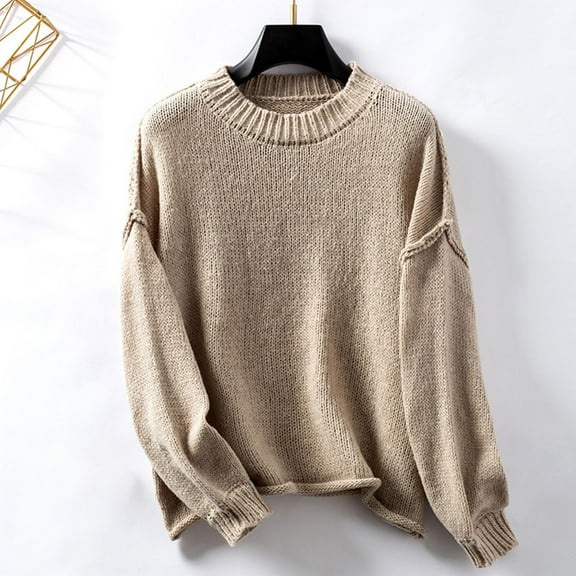 Qetyuw Ribbed Knitted Sweater for Women Chunky Lantern Long Sleeve Crew Neck Jumper Solid Color Casual Pullover Sweaters