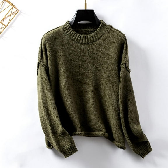 Qetyuw Ribbed Knitted Sweater for Women Chunky Lantern Long Sleeve Crew Neck Jumper Solid Color Casual Pullover Sweaters