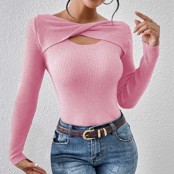 Qetyuw Ribbed Knitted Sweater for Women Criss Cross Crew Neck Long Sleeve Pullover Sweaters Casual Slim Fit Cutout tops