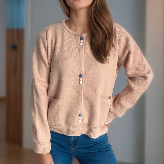 Qetyuw Ribbed Knitted Sweater for Women Long Sleeve Crew Neck Cardigan Jacket Solid Color Chunky Sweaters with Pockets