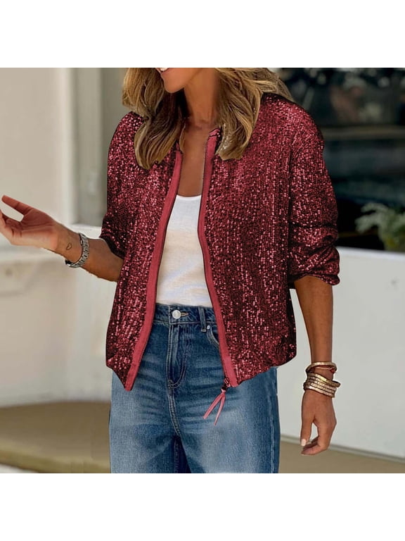Sequin Jackets for Women Full Zip Up Glitter Cardigan Open Front Sparkly Coat Fashion Long Sleeve Bomber Coat Lightweight Party Shimmer Outerwear Tops