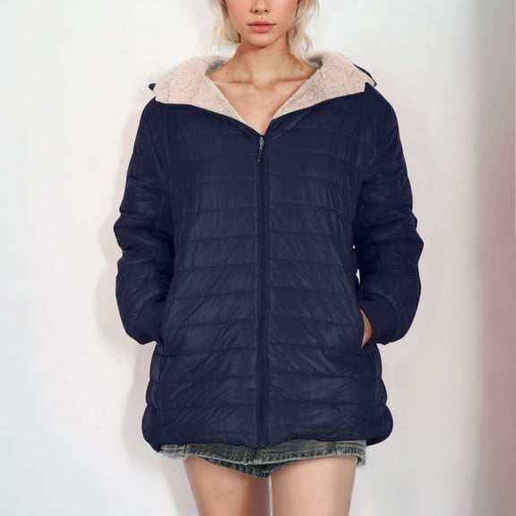 Qetyuw Sherpa Lined Jacket Winter Puffer Jacket Warm Quilted Coats Plush Fleece Hoodies Loose Full Fit Zip Up Down Jacket Thick Padded Lapel Collar Outerwear